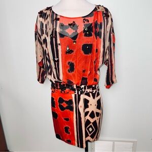 Diane Von Furstenberg Red &  Black Silk Abstract Print Dress - Jewels - Size 10